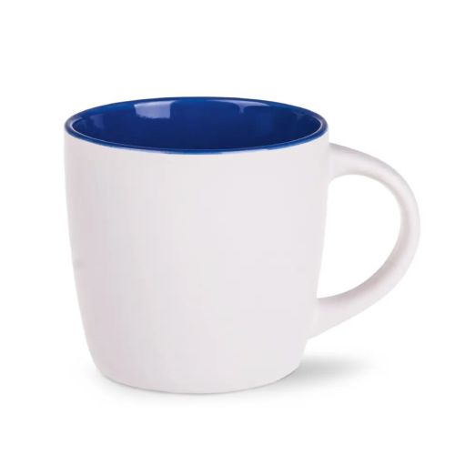 Vorderansicht der Handy Tasse 30 cl. Weiß-blaues Porzellan mit geraden Seiten und glatter, glänzender Oberfläche. Vorderansicht der Handy Tasse 30 cl. Weiß-blaues Porzellan mit geraden Seiten und glatter, glänzender Oberfläche.
