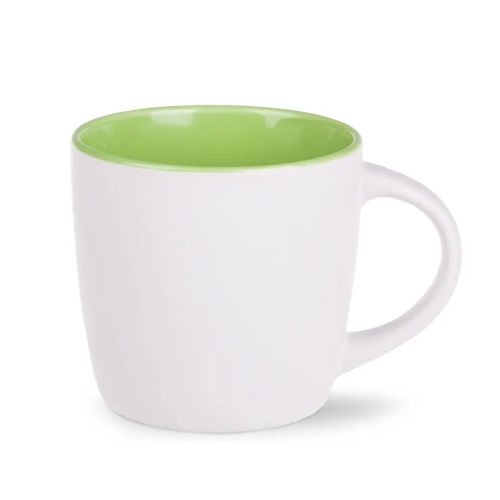 Vorderansicht der Handy Tasse 30 cl. Weiß-grünes Porzellan mit geraden Seiten und glatter, glänzender Oberfläche. Vorderansicht der Handy Tasse 30 cl. Weiß-grünes Porzellan mit geraden Seiten und glatter, glänzender Oberfläche.