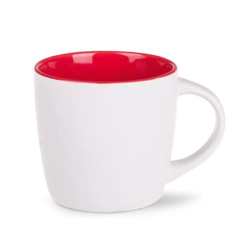 Vorderansicht der Handy Tasse 30 cl. Weiß-rotes Porzellan mit geraden Seiten und glatter, glänzender Oberfläche. Vorderansicht der Handy Tasse 30 cl. Weiß-rotes Porzellan mit geraden Seiten und glatter, glänzender Oberfläche.