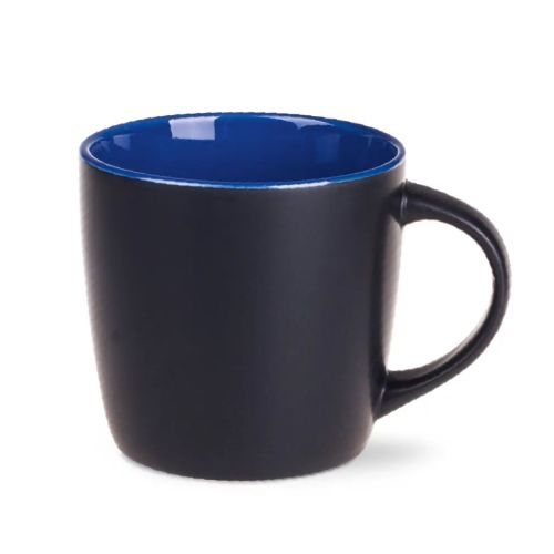 Handy Tasse Schwarz 30 cl. Porzellan mit blauer Innenseite Vorderansicht mit schlankem Design und glänzender Oberfläche. Handy Tasse Schwarz 30 cl. Porzellan mit blauer Innenseite Vorderansicht mit schlankem Design und glänzender Oberfläche.