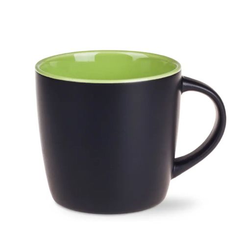 Handy Tasse Schwarz 30 cl. Porzellan mit grüner Innenseite Vorderansicht mit schlankem Design und glänzender Oberfläche. Handy Tasse Schwarz 30 cl. Porzellan mit grüner Innenseite Vorderansicht mit schlankem Design und glänzender Oberfläche.