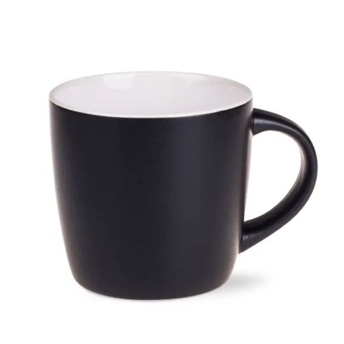 Handy Tasse Schwarz 30 cl. Porzellan mit weißer Innenseite Vorderansicht mit schlankem Design und glänzender Oberfläche. Handy Tasse Schwarz 30 cl. Porzellan mit weißer Innenseite Vorderansicht mit schlankem Design und glänzender Oberfläche.