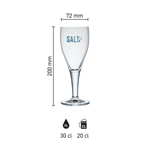 Maße des Harzer Pokal-Glases (20 cl) mit Höhe, Durchmesser und Fassungsvermögen in einer Infografik