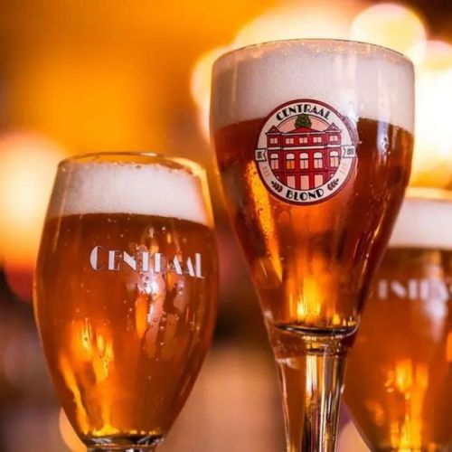Harzer Pokal 25 cl Zapfmaß Glas gefüllt und mit Logo in einer Gastlichkeitseinstellung