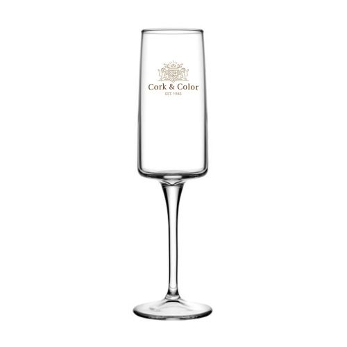 Vorderansicht des Iconic Champagnerglases 19 cl. mit CorkColor-Logo in mehreren Farben auf dem Glas. Vorderansicht des Iconic Champagnerglases 19 cl. mit CorkColor-Logo in mehreren Farben auf dem Glas.