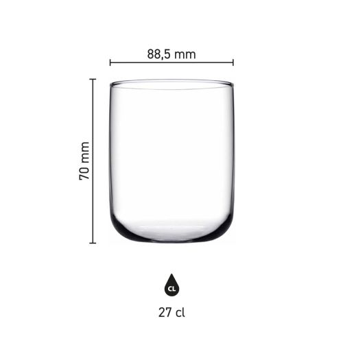 Infografik von Iconic Tumbler 27 cl. Glas mit klar dargestellten Maßlinien und Abmessungen.