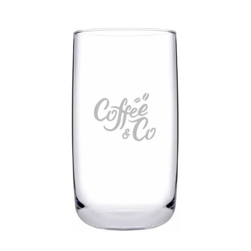 Eingraviertes CoffeeCo-Logo auf der Vorderseite eines Iconic Tumbler 36,5 cl. aus Glas.