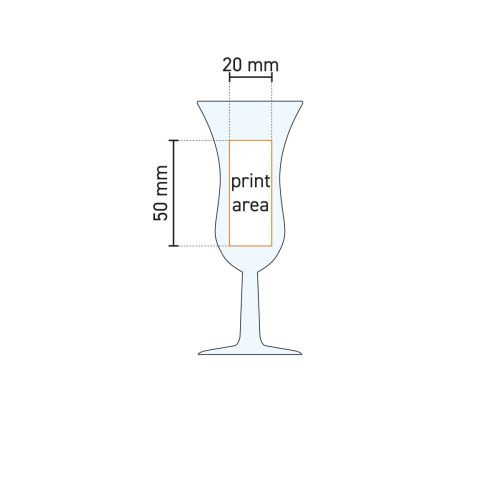 Technische Arbeitszeichnung des Intermezzo Schnapsglases 5 cl. mit langem Stiel und markierter Druckfläche. Technische Arbeitszeichnung des Intermezzo Schnapsglases 5 cl. mit langem Stiel und markierter Druckfläche.