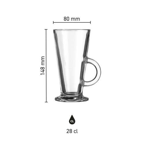 Größe des Irisch Coffee Acapulco 28 cl Glases mit Höhe, Durchmesser und Fassungsvermögen in der Infografik