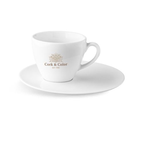Isabelle Cappuccino 22 cl. Porzellan-Set mit mehrfarbigem CorkColor-Logo auf der Vorderseite