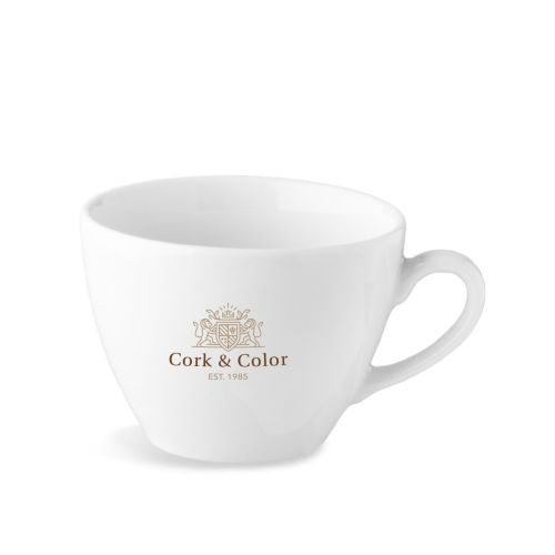 Isabelle Cappuccino-Tasse, 22 cl, aus Porzellan mit mehrfarbigem CorkColor-Logo auf der Vorderseite