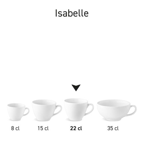 Isabelle-Cappuccino-Tasse, 22 cl, aus Porzellan, aus einer Serie; mehrere Exemplare nebeneinander abgebildet