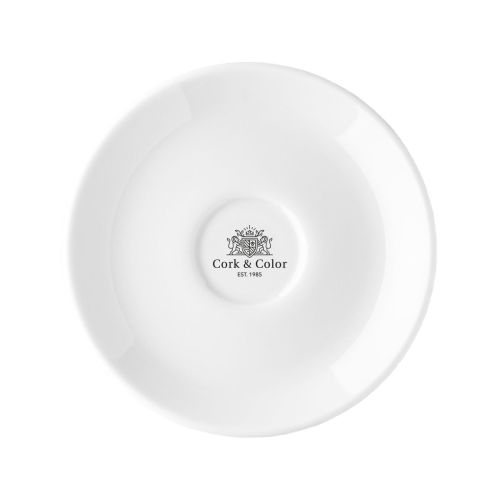 Isabelle Cappuccino Untertasse 16 cm aus Porzellan mit einfarbigem CorkColor-Logo auf der Untertasse