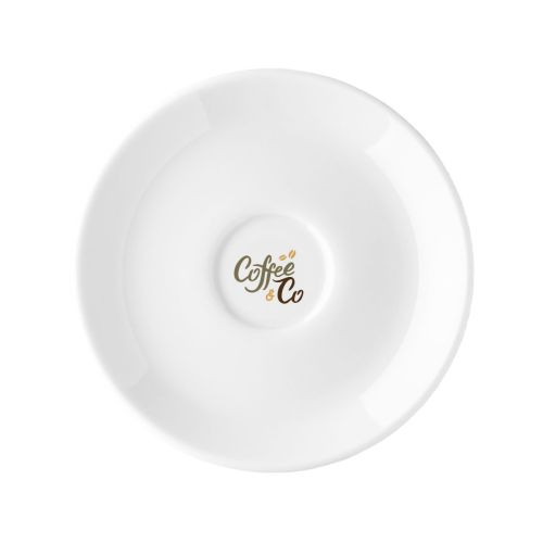 Isabelle Cappuccino Untertasse 16 cm aus Porzellan mit mehrfarbigem CoffeeCo-Logo auf der Untertasse