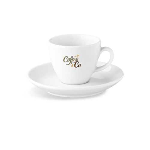 Isabelle Espresso 8 cl. Porzellanset mit mehrfarbigem CoffeeCo-Logo auf der Espressotasse
