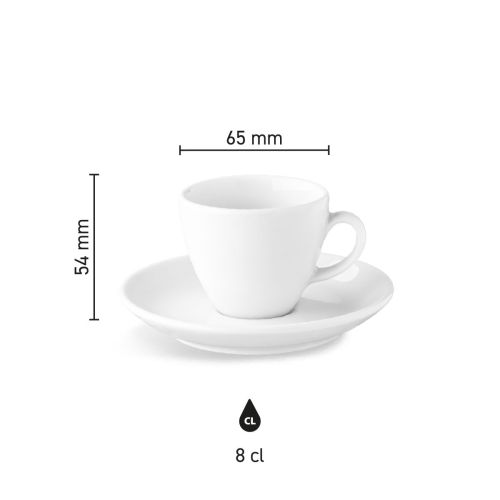 Isabelle Espresso 8 cl Porzellanset mit gefüllter Espressotasse auf Untertasse, weißer Hintergrund