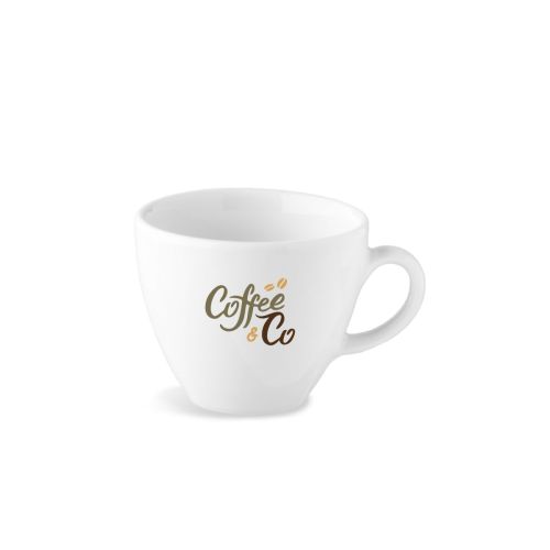 Isabelle Espressotasse 8 cl. aus Porzellan, mit mehrfarbigem CoffeeCo-Logo auf der Vorderseite
