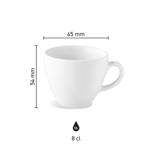 Maße der Isabelle-Espressotasse (8 cl) aus Porzellan mit Höhe, Durchmesser und Fassungsvermögen in einer Infografik