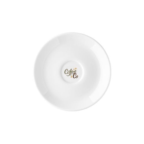 Isabelle Espresso-Untertasse 11 cm aus Porzellan mit mehrfarbigem CoffeeCo-Logo auf der Untertasse