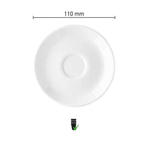 Maße der Isabelle Espresso-Untertasse 11 cm aus Porzellan mit Durchmesser und Höhe in einer Infografik