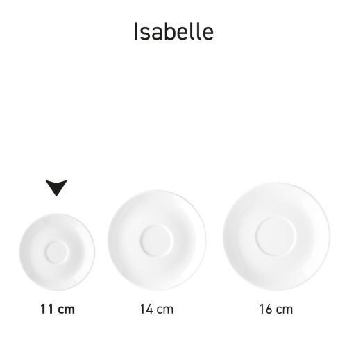 Isabelle Espresso-Untertasse 11 cm, Porzellan aus einer Serie, mehrere Exemplare nebeneinander abgebildet