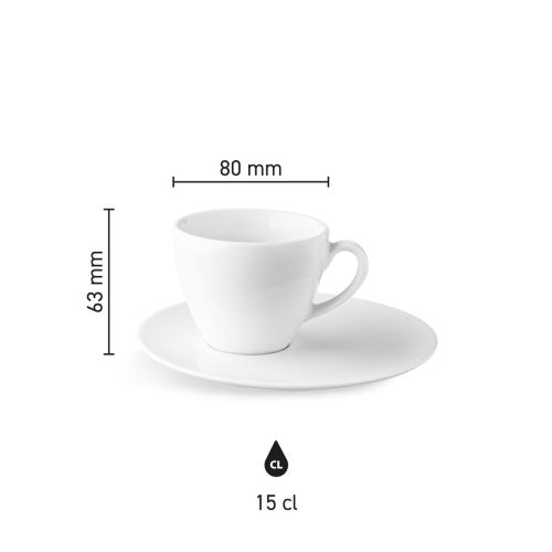 Maße des Isabelle-Kaffee-Sets (15 cl) aus Porzellan mit Höhe, Durchmesser und Fassungsvermögen in einer Infografik