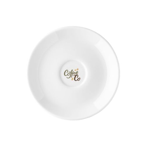 Isabelle Kaffeeteller 14 cm aus Porzellan mit mehrfarbigem CoffeeCo-Logo auf dem Teller