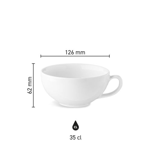 Maße der Isabelle-Caffè-Crème-Tasse (35 cl) aus Porzellan mit Höhe, Durchmesser und Fassungsvermögen in einer Infografik
