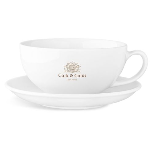 Isabelle Latte 35 cl Porzellanset mit mehrfarbigem CorkColor-Logo auf der Latte-Tasse
