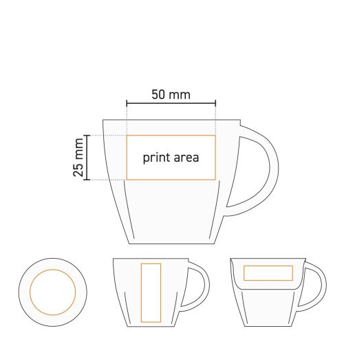 Technische Arbeitszeichnung von Kirsten Kaffeebecher weiß 20 cl. SET-Porzellan mit markierter Druckfläche.
