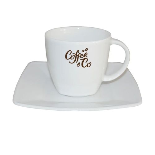 Kirsten Kaffee weiß 20 cl. SET-Porzellan in Vorderansicht mit einfarbigem CoffeeCo-Logo in der Mitte.
