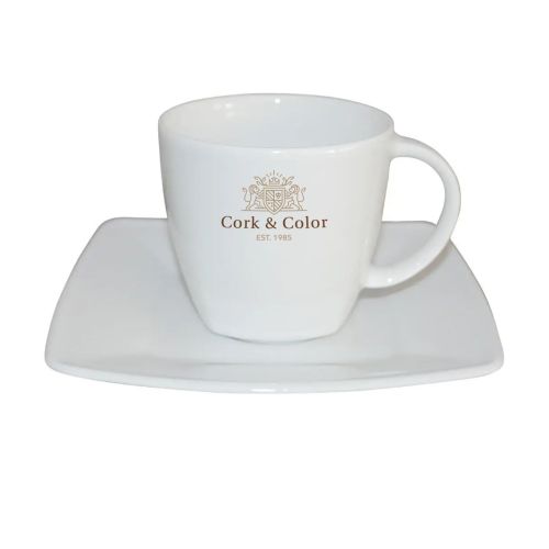 Porzellan Kirsten Kaffee weiß 20 cl. SET, Vorderansicht mit mehrfarbigem CorkColor-Logo.