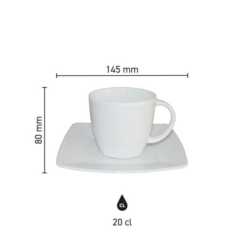Infografik mit den Produktabmessungen von Kirsten Kaffeebecher weiß 20 cl SET Porzellan, einschließlich Höhe und Durchmesser.