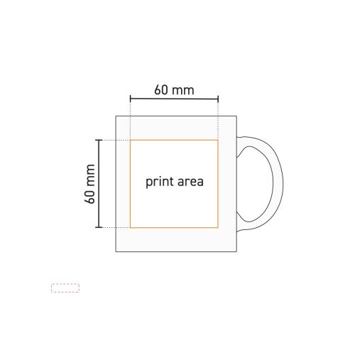 Technische Arbeitszeichnung von Kitty Becher 30 cl Porzellan mit markiertem Druckbereich auf der Vorderseite.