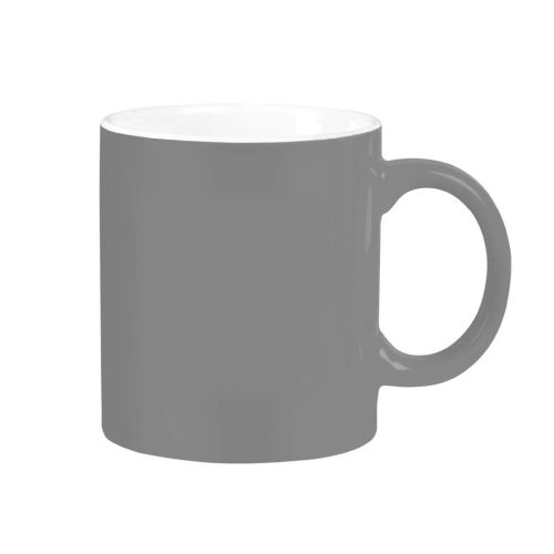 Vorderansicht des grau-weißen Bechers Kitty 30 cl aus Porzellan, mit Blick auf die glatte zylindrische Form und das breite Ohr.