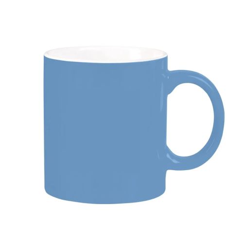 Vorderansicht des hellblauen und weißen Bechers Kitty 30 cl aus Porzellan, mit Blick auf die glatte zylindrische Form und das breite Ohr.