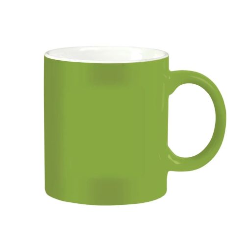 Vorderansicht des hellgrünen und weißen Bechers Kitty 30 cl aus Porzellan, mit Blick auf die glatte zylindrische Form und das breite Ohr.