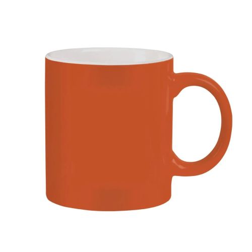 Vorderansicht des orange-weißen Bechers Kitty 30 cl aus Porzellan, mit Blick auf die glatte zylindrische Form und das breite Ohr.