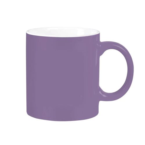 Vorderansicht des lila-weißen Bechers Kitty 30 cl aus Porzellan, mit Blick auf die glatte zylindrische Form und das breite Ohr.