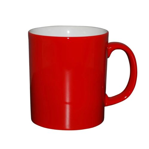 Vorderansicht des rot-weißen Bechers Kitty 30 cl aus Porzellan, mit Blick auf die glatte zylindrische Form und das breite Ohr.