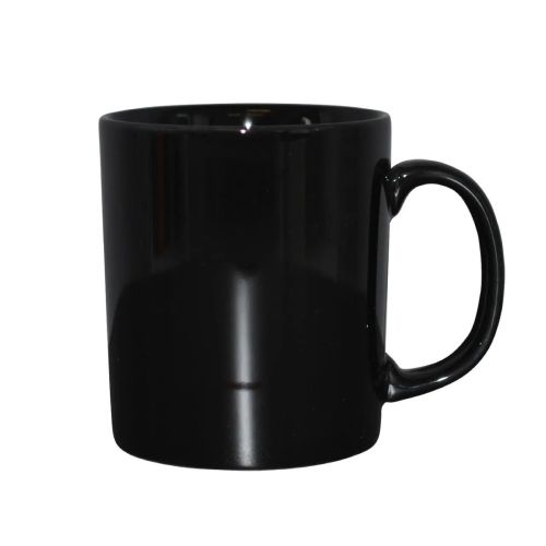 Vorderansicht des blackKitty Bechers 30 cl aus Porzellan, mit Blick auf die glatte zylindrische Form und das breite Ohr.