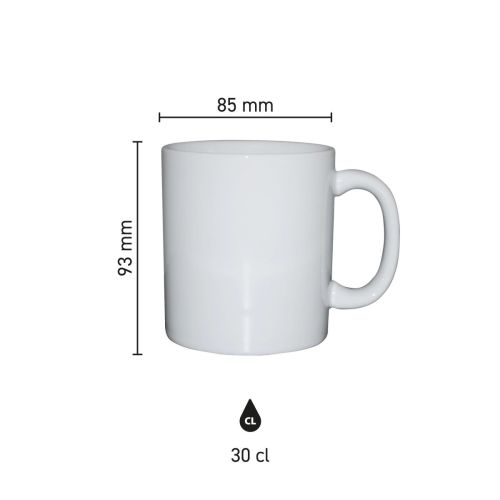 Die Infografik zeigt die Abmessungen des Bechers Kitty 30 cl aus Porzellan, mit Angaben in Millimetern.