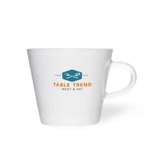 Weiße Kaffeetasse Neo Budgetline 19 cl. mit mehrfarbigem TableTrend Logo auf der Vorderseite, Porzellandesign.