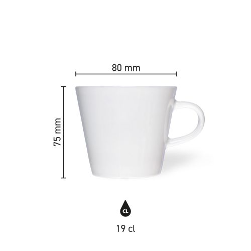 Infografik mit Abmessungen der Porzellan-Kaffeetasse Neo Budgetline 19 cl, einschließlich Durchmesser und Höhe.