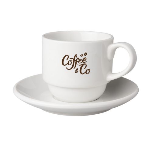 Vorderseite der Budgetline Wide Tasse und Untertasse weißes 20 cl Porzellan mit CoffeeCo Logo in einfarbigem Druck. Vorderseite der Budgetline Wide Tasse und Untertasse weißes 20 cl Porzellan mit CoffeeCo Logo in einfarbigem Druck.
