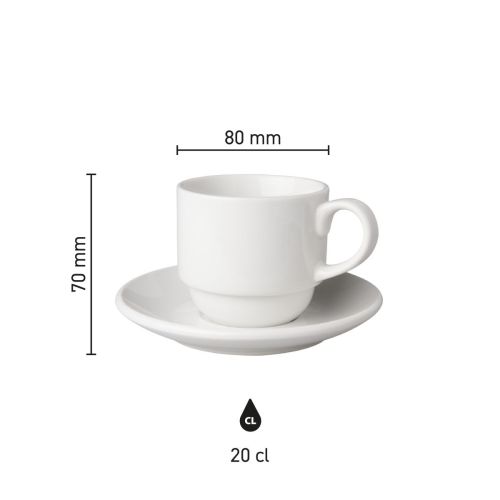Infografik mit den Produktabmessungen von Tasse und Untertasse weiß Budgetline Wide 20 cl Porzellanset. Infografik mit den Produktabmessungen von Tasse und Untertasse weiß Budgetline Wide 20 cl Porzellanset.