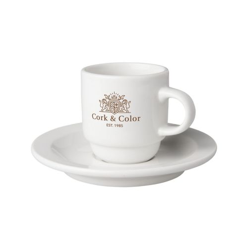 Tasse und Untertasse weiß Budgetline Narrow 14 cl Porzellan Frontansicht mit einfarbigem CorkColor Logo Druck.
