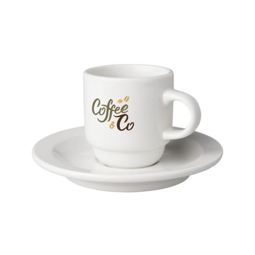 Vorderseite der Budgetline Narrow Tasse und Untertasse weiß 14 cl Porzellan mit CoffeeCo Logo in mehreren Farben.
