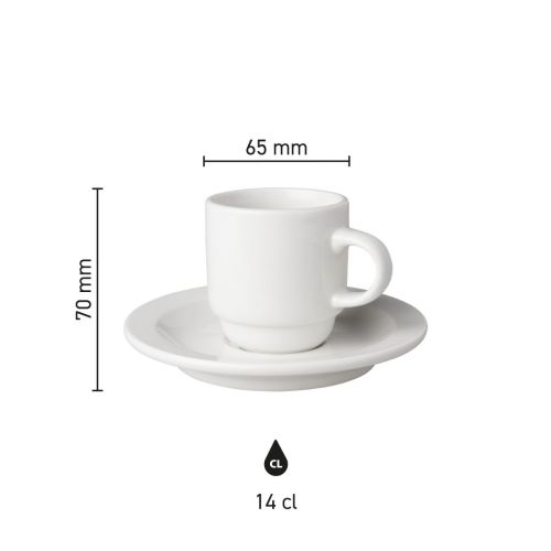 Infografik mit den Produktabmessungen von Tasse und Untertasse weiß Budgetline Narrow 14 cl Porzellanset.