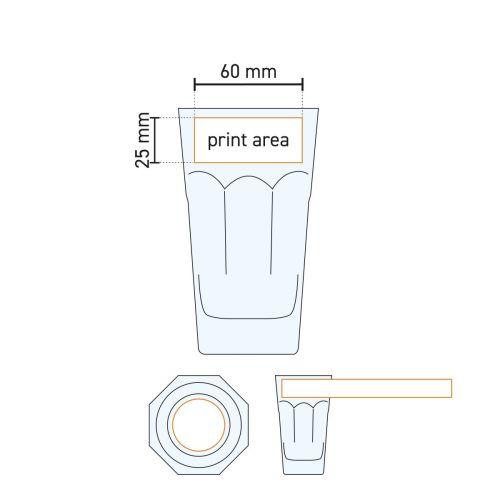 Technische Arbeitszeichnung des Latte Macchiato hoch 30 cl. (137mm), mit markierter Druckfläche.